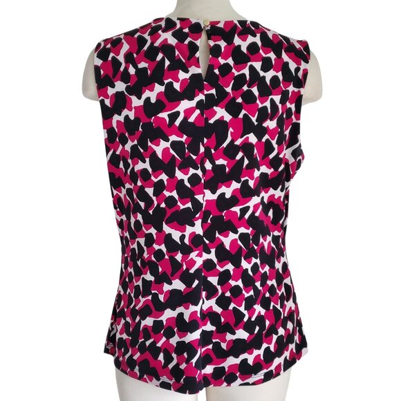 Calvin Klein Geo Print Black Magenta White Pleated Neck Sleeveless Blouse M - Picture 3 of 13